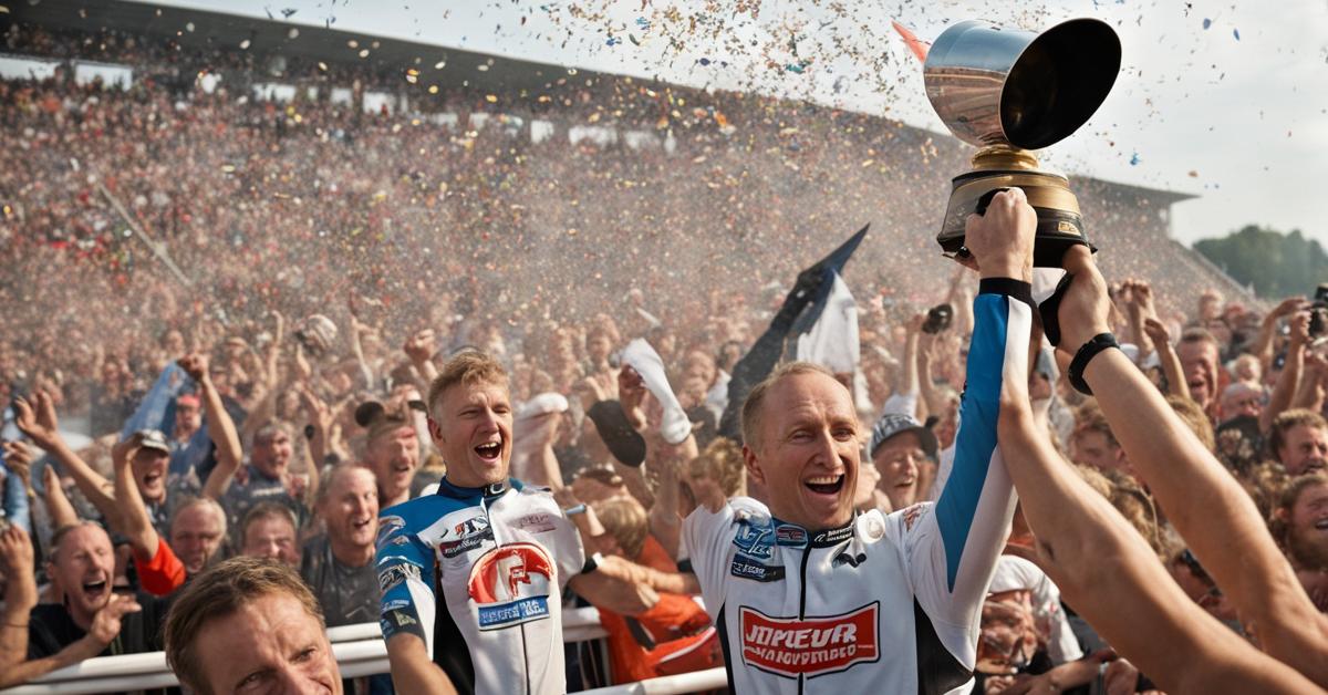 Żużlowiec Startu Gniezno świętuje zdobycie Pucharu Polski, tłum kibiców w tle.