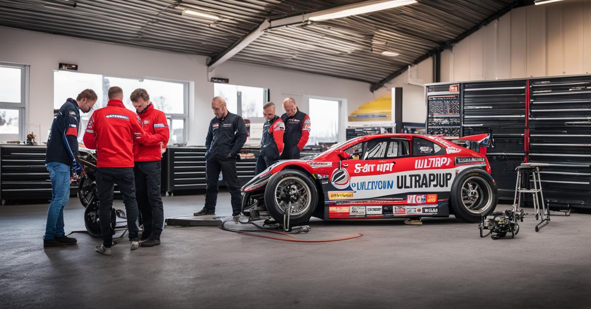 Logo Ultrapur Start Gniezno na motocyklu żużlowym, warsztat mechaników w tle.