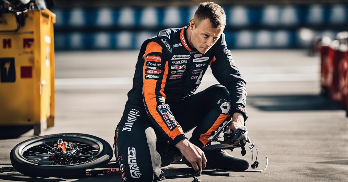 Mateusz Dul w boksie, zmęczony i zamyślony, mechanicy pracują nad motocyklem w tle.