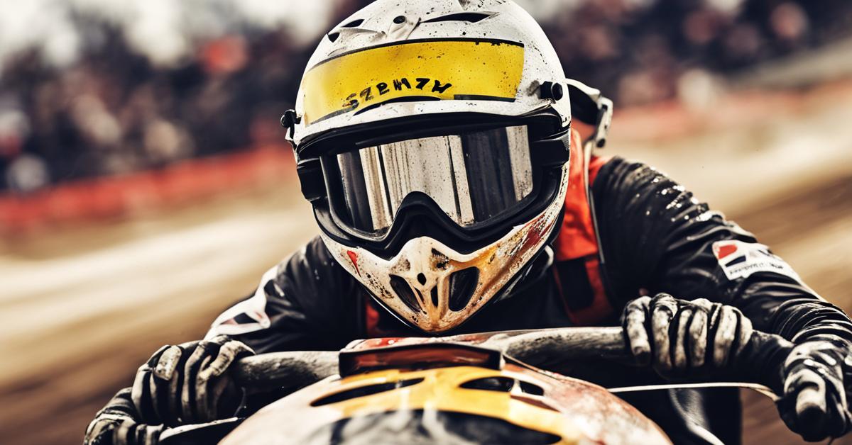 Kask i gogle Szymona Ludwiczaka po wyścigu, oddające klimat żużlowych zawodów.